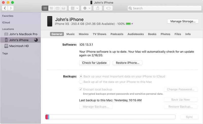10.15 이하의 MacOS X에서 아이폰을 백업하는 단계